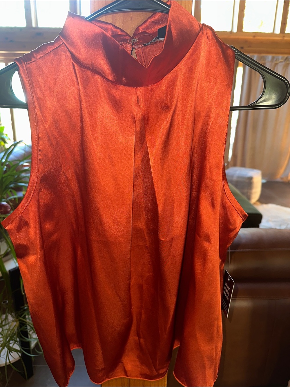 Sleeveless Satin Mock Neck Top - Terracotta
